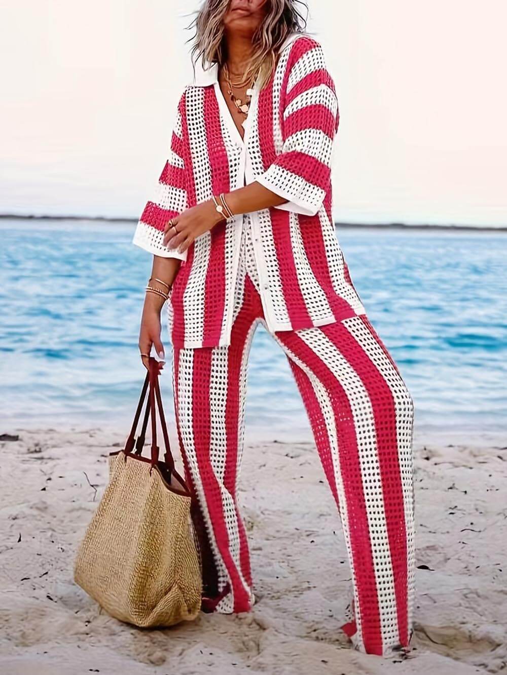 Loose V-Neck Fashion Hollow Out Striped Shirt Wide Leg Pants Set alternate view
