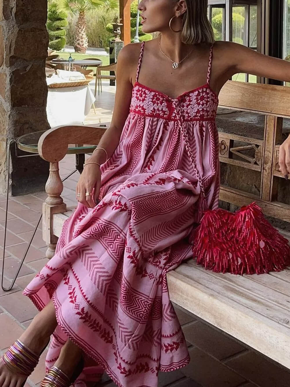 Crochet Patchwork Ethnic Style Knitted Slip Maxi Dress alternate view