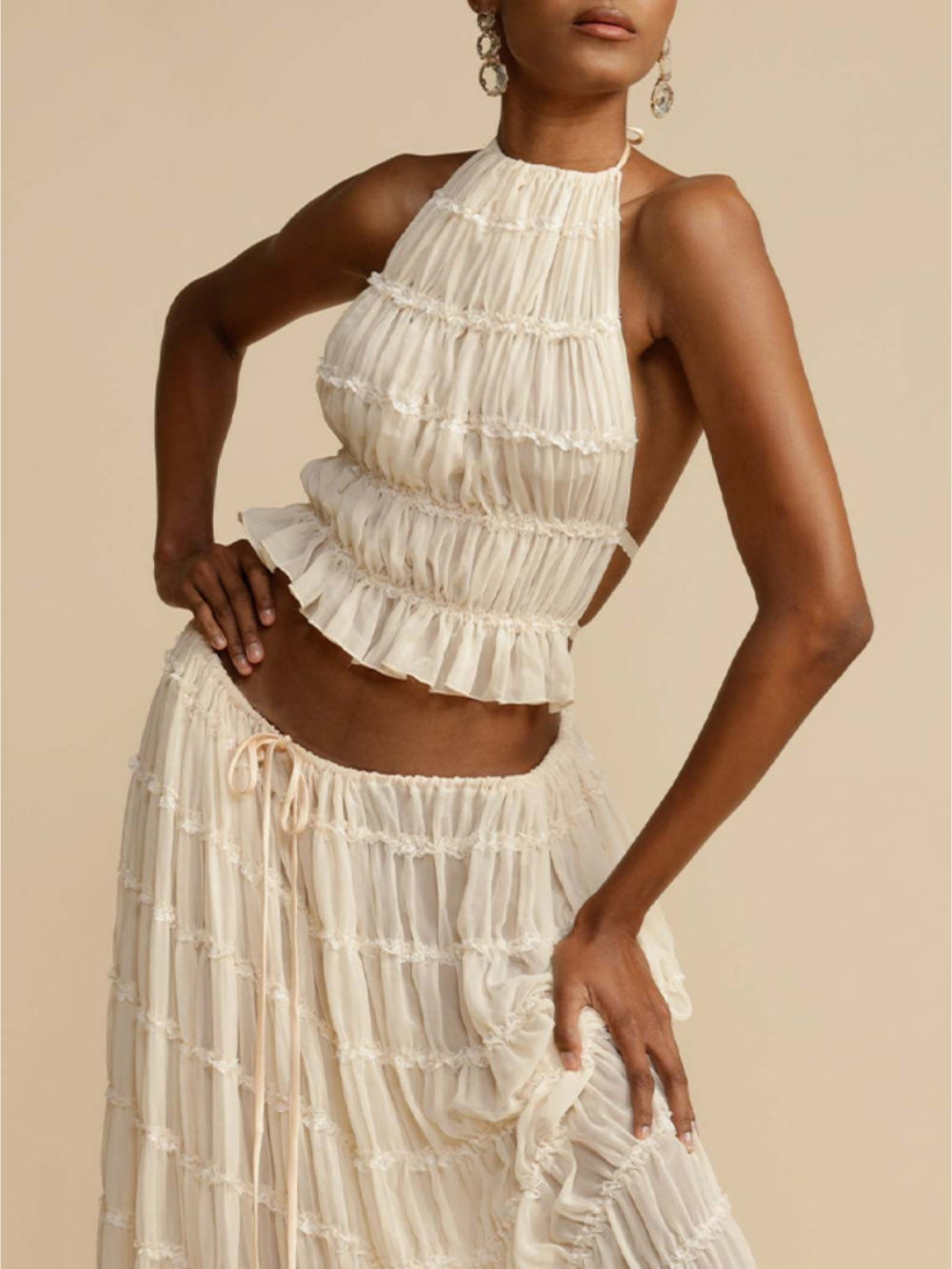 Pleated Drawstring Charm Waist Tiered Maxi Skirt alternate view